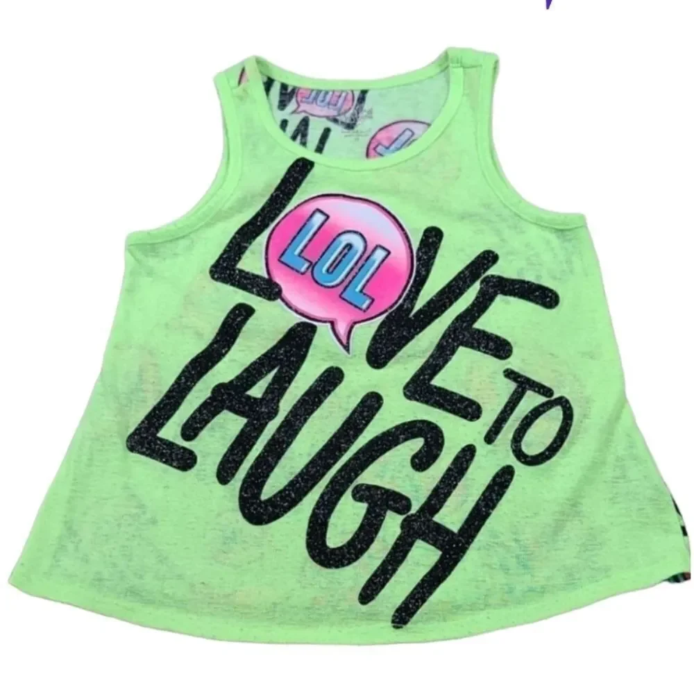 Justice Girls 12 Neon Yellow Glitter LOL Slub Knit Sleeveless TShirt Tank Top
